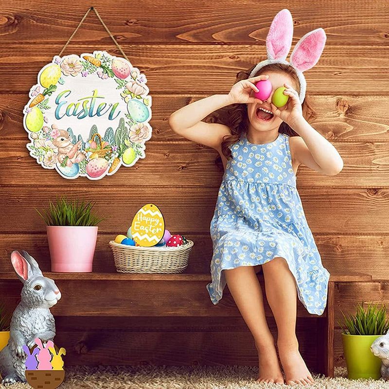 Easter Decorations for the Home, Cute Bunny Colorful Eggs Wooden Hanging Sign, Handmade Welcome Door Hange for Front Porch Window Wall Farmhouse Indoor Outdoor