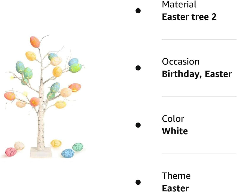 Easter Decorations Kemooie 24 Inch Pre-Lit White Birch Tree with 24Pcs Easter Egg Ornaments, 24 Led Lights Battery Operated Table Centerpiece for Party Birthday Home Spring Decoration Indoor Use Home & Garden > Decor > Seasonal & Holiday Decorations kemooie   