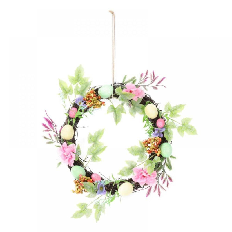 Easter Eggs Wreath, Artificial Wreath with Ferns and Cherry Berries, Spring Summer Outdoor Handmade Ornaments for Front Door Bedroom Wall Window Home Office, Welcome Happy Easter Decor (11 Inch)