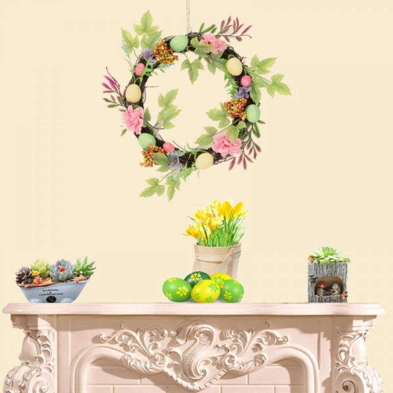 Easter Eggs Wreath, Artificial Wreath with Ferns and Cherry Berries, Spring Summer Outdoor Handmade Ornaments for Front Door Bedroom Wall Window Home Office, Welcome Happy Easter Decor (11 Inch)