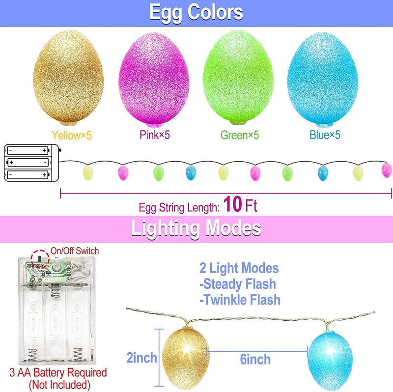 Easter Lights Decorations Outdoor Easter Lights,10 Ft 20 Led Easter Eggs Colorful String Lights Battery Operated Fairy Lights Garland Easter Decoration Indoor Home Tree Easter Hunt (Warm White)