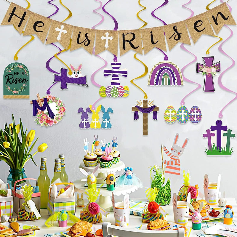 Easter Party Decorations Set - NO DIY - He Is Risen Easter Decorations, 20 Pcs Easter Hanging Foil Swirls & 1 Burlap He Is Risen Banner, Spring Decor Easter Decorations for Home, Easter Party Favors