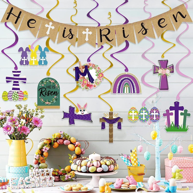 Easter Party Decorations Set - NO DIY - He Is Risen Easter Decorations, 20 Pcs Easter Hanging Foil Swirls & 1 Burlap He Is Risen Banner, Spring Decor Easter Decorations for Home, Easter Party Favors