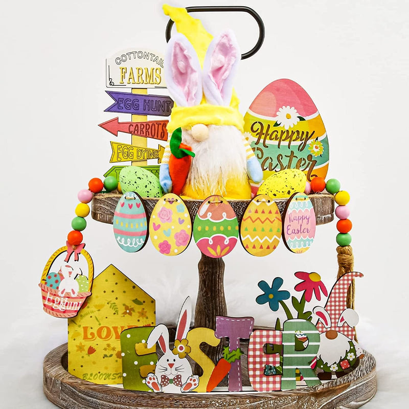 Easter Tiered Tray Decor-14Pcs Easter Tiered Tray Decorations-Gnome Plush, Beads Garland, Eggs and Bunny Wood Sign Decor for Home Table Kitchen Mantle