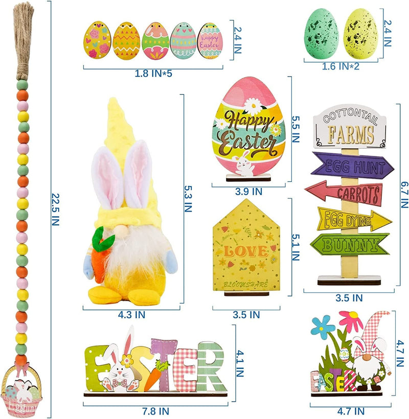 Easter Tiered Tray Decor-14Pcs Easter Tiered Tray Decorations-Gnome Plush, Beads Garland, Eggs and Bunny Wood Sign Decor for Home Table Kitchen Mantle