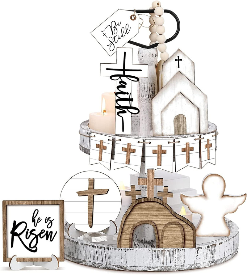 Easter Tiered Tray Decor Easter Table Wooden Sign Decorations He Is Risen Cross Tabletop Farmhouse Decor for Easter Kitchen Home Party Holiday (Cross Style, 12 Pcs) Home & Garden > Decor > Seasonal & Holiday Decorations Jetec Cross Style 12 