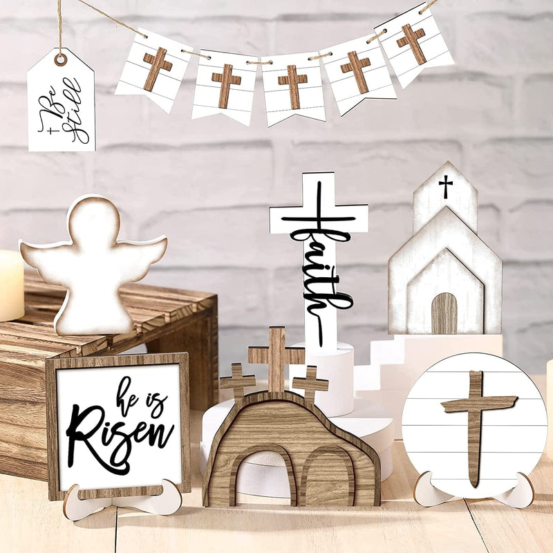 Easter Tiered Tray Decor Easter Table Wooden Sign Decorations He Is Risen Cross Tabletop Farmhouse Decor for Easter Kitchen Home Party Holiday (Cross Style, 12 Pcs) Home & Garden > Decor > Seasonal & Holiday Decorations Jetec   