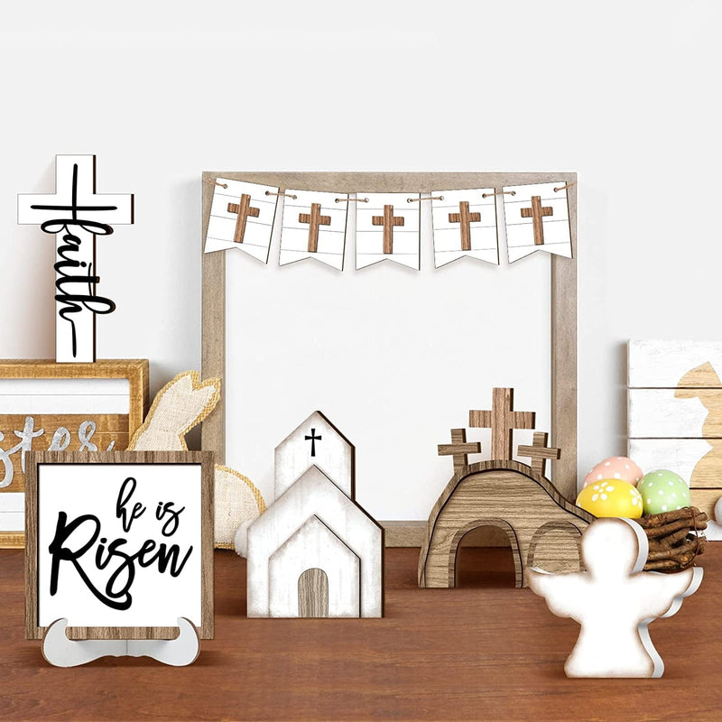 Easter Tiered Tray Decor Easter Table Wooden Sign Decorations He Is Risen Cross Tabletop Farmhouse Decor for Easter Kitchen Home Party Holiday (Cross Style, 12 Pcs)