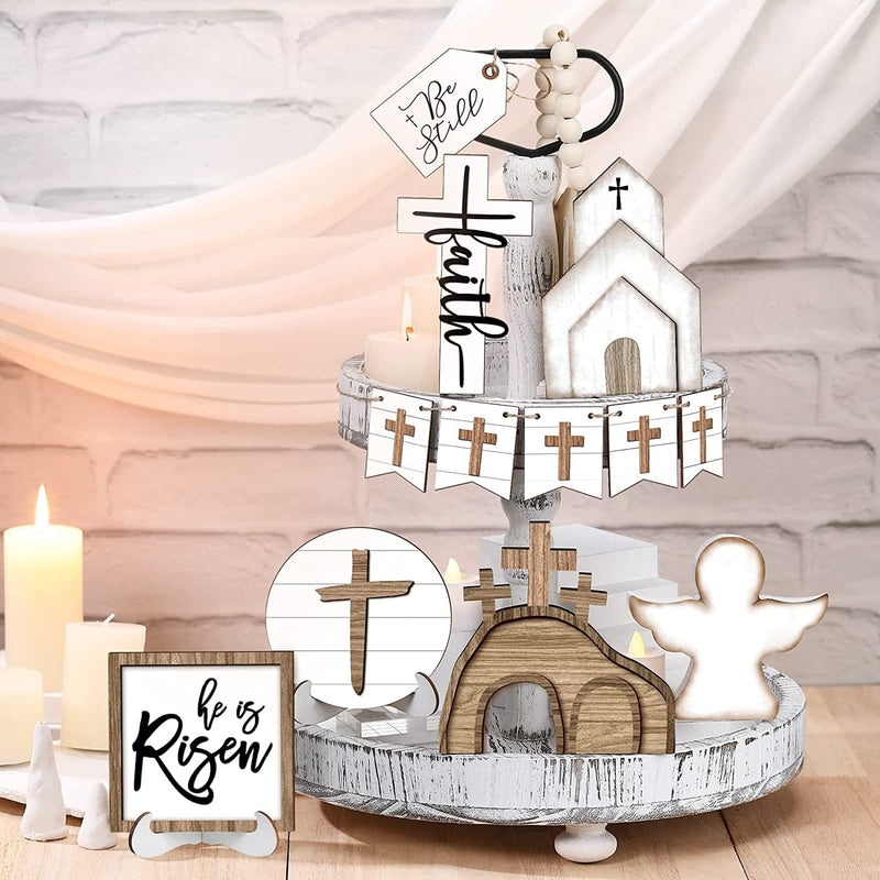 Easter Tiered Tray Decor Easter Table Wooden Sign Decorations He Is Risen Cross Tabletop Farmhouse Decor for Easter Kitchen Home Party Holiday (Cross Style, 12 Pcs) Home & Garden > Decor > Seasonal & Holiday Decorations Jetec   