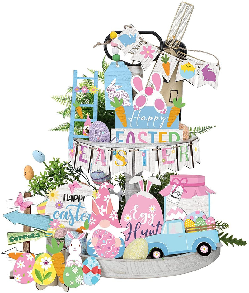 Easter Tiered Tray Decor Happy Easter Tiered Tray Ornament Rustic Farmhouse Spring Decor Bunny Truck Gnome Egg Easter Decor Spring Wooden Sign for Home Table Decor (Cute) Home & Garden > Decor > Seasonal & Holiday Decorations Marsui Cute  