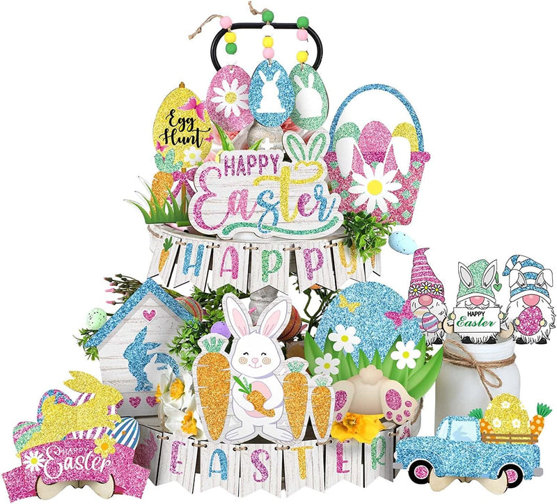 Easter Tiered Tray Decor Happy Easter Tiered Tray Ornament Rustic Farmhouse Spring Decor Bunny Truck Gnome Egg Easter Decor Spring Wooden Sign for Home Table Decor (Cute) Home & Garden > Decor > Seasonal & Holiday Decorations Marsui Glitter Colorful  
