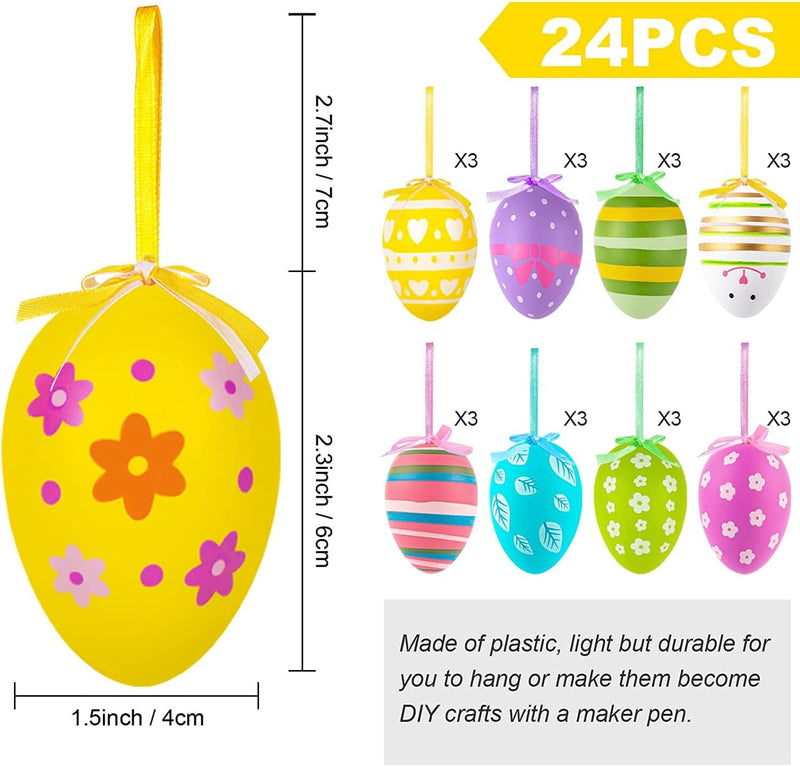 Easter Tree Ornaments, 24Pcs Multicolored Hanging Plastic Easter Eggs Easter Tree Decorations Hanging Easter Eggs, Hand Painted Eggs Easter Ornaments for Tree Basket DIY Crafts Easter Party Favors