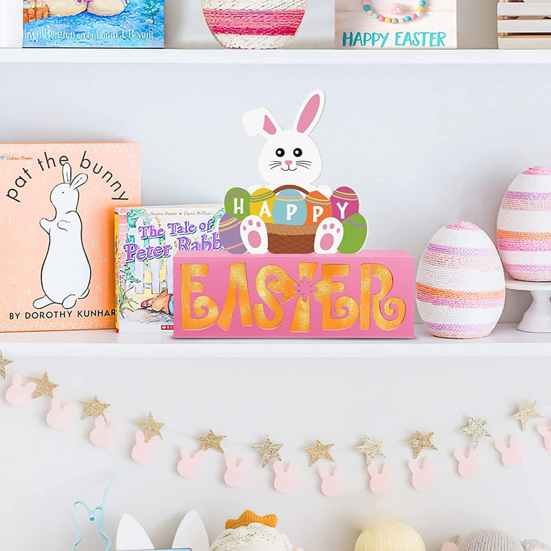 Easter Wooden Block Sign with LED Lights, Happy Easter Light up Wooden Sign for Table Mantle,Farmhouse Easter Table Centerpiece Battery Operated Easter Decorations for Easter Gifts Tiered Tray Decor Home & Garden > Decor > Seasonal & Holiday Decorations Sakayo   