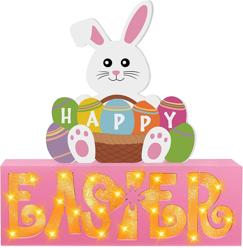 Easter Wooden Block Sign with LED Lights, Happy Easter Light up Wooden Sign for Table Mantle,Farmhouse Easter Table Centerpiece Battery Operated Easter Decorations for Easter Gifts Tiered Tray Decor Home & Garden > Decor > Seasonal & Holiday Decorations Sakayo   