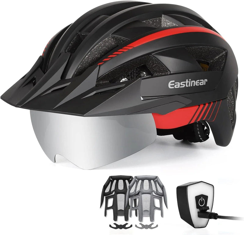EASTINEAR Adults Bike Helmet with Magnetic Goggle Bicycle Helmet with USB Rechargeable LED Light for Men Women Cycling Helmet with Removable Sun Visor Adjustable Size Sporting Goods > Outdoor Recreation > Cycling > Cycling Apparel & Accessories > Bicycle Helmets EASTINEAR Black Red X-Large 