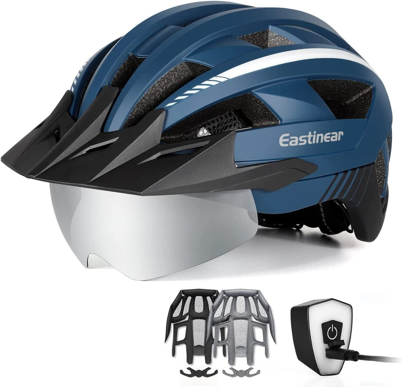 EASTINEAR Adults Bike Helmet with Magnetic Goggle Bicycle Helmet with USB Rechargeable LED Light for Men Women Cycling Helmet with Removable Sun Visor Adjustable Size Sporting Goods > Outdoor Recreation > Cycling > Cycling Apparel & Accessories > Bicycle Helmets EASTINEAR Navy Large 