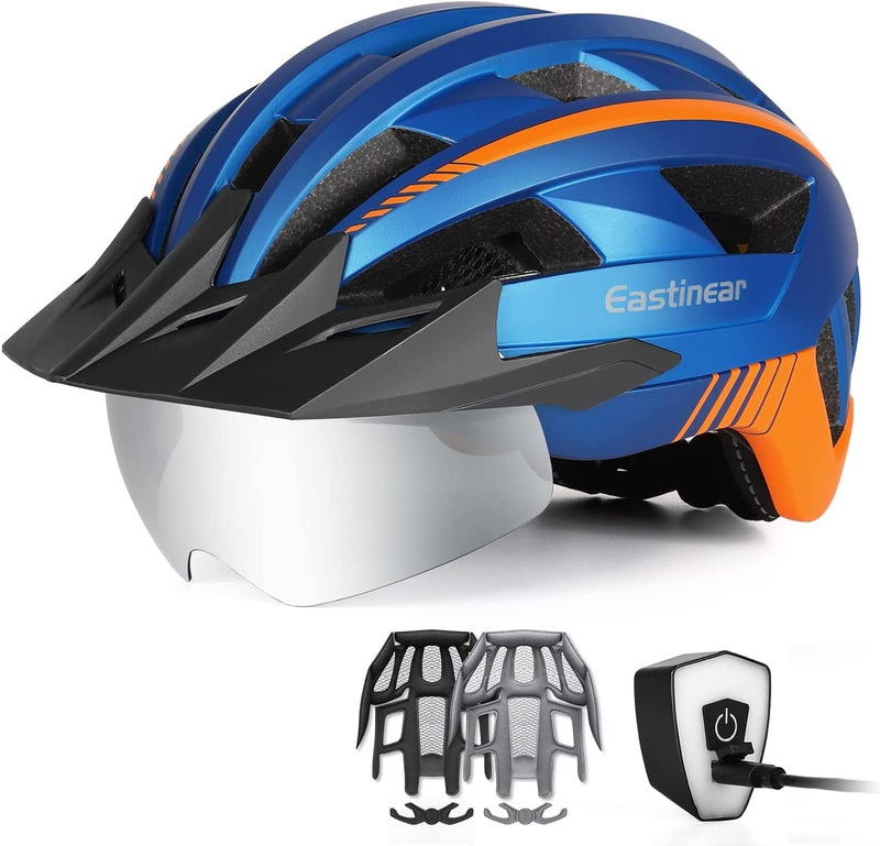 EASTINEAR Adults Bike Helmet with Magnetic Goggle Bicycle Helmet with USB Rechargeable LED Light for Men Women Cycling Helmet with Removable Sun Visor Adjustable Size Sporting Goods > Outdoor Recreation > Cycling > Cycling Apparel & Accessories > Bicycle Helmets EASTINEAR Blue Orange Large 