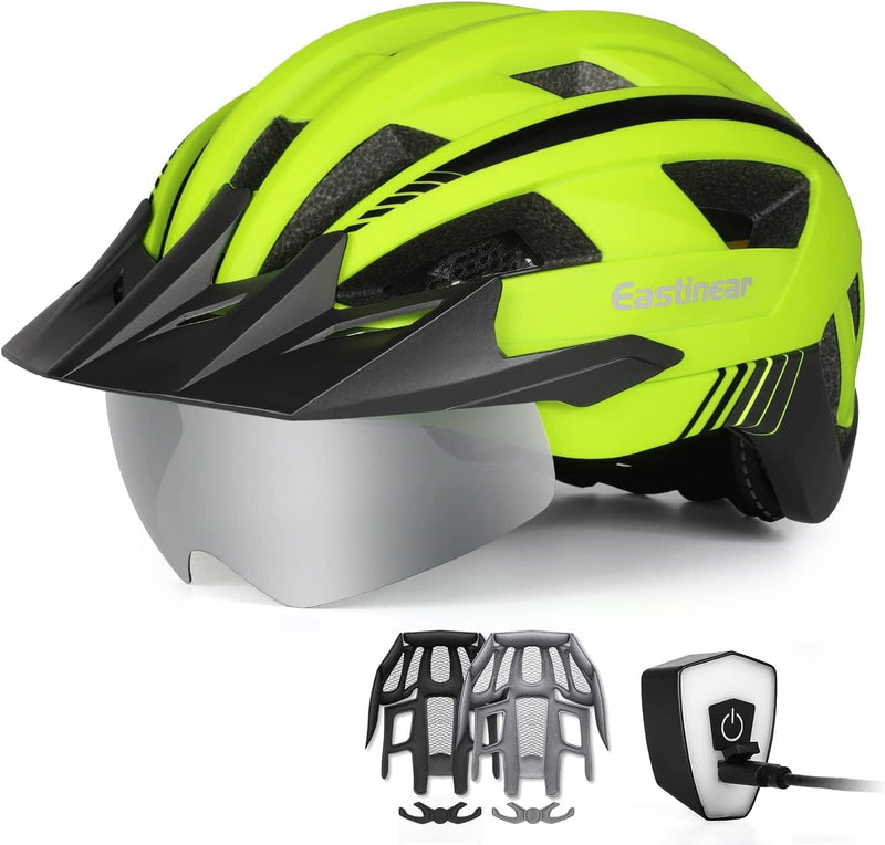 EASTINEAR Adults Bike Helmet with Magnetic Goggle Bicycle Helmet with USB Rechargeable LED Light for Men Women Cycling Helmet with Removable Sun Visor Adjustable Size Sporting Goods > Outdoor Recreation > Cycling > Cycling Apparel & Accessories > Bicycle Helmets EASTINEAR Yellow Large 