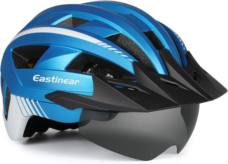 EASTINEAR Adults Bike Helmet with Magnetic Goggle Bicycle Helmet with USB Rechargeable LED Light for Men Women Cycling Helmet with Removable Sun Visor Adjustable Size Sporting Goods > Outdoor Recreation > Cycling > Cycling Apparel & Accessories > Bicycle Helmets EASTINEAR Metalblue Large 