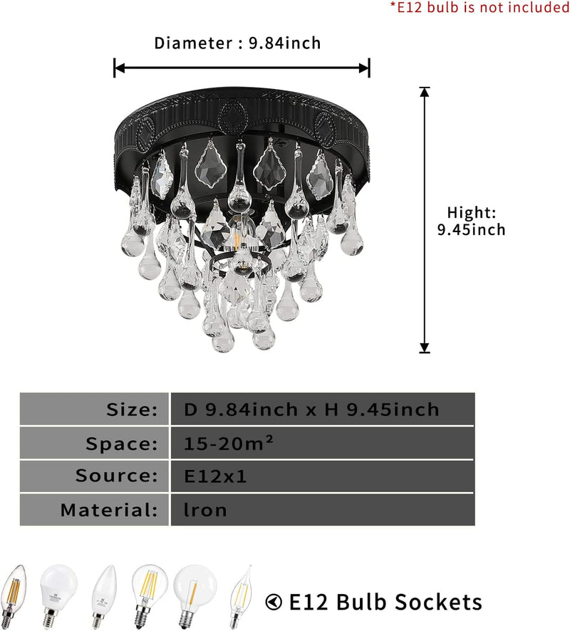 Pasoar Crystal Chandeliers for Dining Room 9.8 Inch Wide Mini Small Lighting Modern Black Ceiling Light 1 Light E12 Socket Flush Ceiling Light Fixture for Dining Room Bedroom Hallway Home & Garden > Lighting > Lighting Fixtures > Chandeliers Pasoar   
