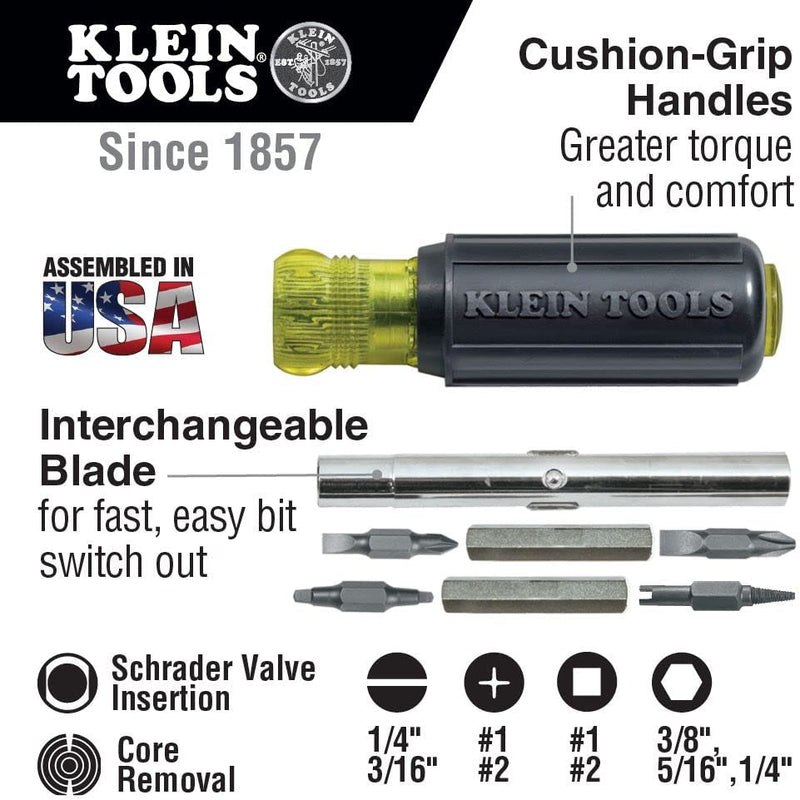 Klein Tools 32527 Multi-Bit Screwdriver / Nut Driver, 11-In-1 with Phillips, Slotted, Square, and Schrader Bits and Nut Drivers Sporting Goods > Outdoor Recreation > Fishing > Fishing Rods Klein Tools   