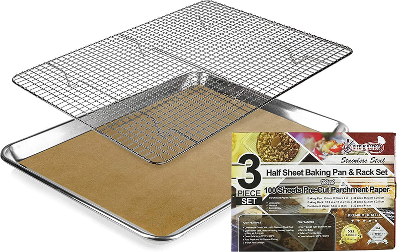 Half Baking Sheet & Cooling Rack - 1/2 Aluminum Baking Pan with Stainless Steel Wire Rack Set - Large Cookie Sheets for Baking - Baking Sheets for Oven Sheet Pan Tray & Rack - 13.1" X 17.9" Home & Garden > Kitchen & Dining > Cookware & Bakeware KITCHENATICS Half Sheet Set W/ Bonus Parchment Paper  