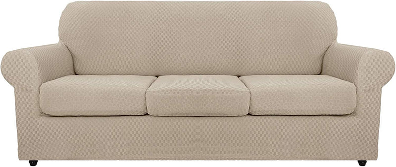 MAXIJIN 4 Piece Newest Couch Covers for 3 Cushion Couch Super Stretch Non Slip Couch Cover for Dogs Pet Friendly Elastic Jacquard Furniture Protector Sofa Slipcovers (Sofa, Dark Coffee) Home & Garden > Decor > Chair & Sofa Cushions MAXIJIN Khaki 91"-110"(3 CUSHIONS) 