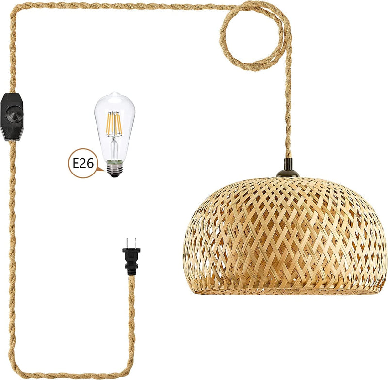 Yarra Decor Rattan Pendant Light with Dimmable Switch, 15Ft Hemp Cord Handwoven Boho Bamboo Rattan Lamp Shade Plug in Hanging Light, Rattan Light Fixture for Kitchen Island,Dining Room(Bulb Included)5 Home & Garden > Lighting > Lighting Fixtures Yarra-Decor   