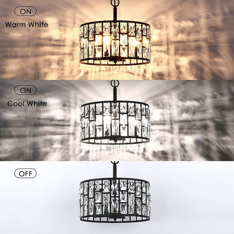 Farmhouse Crystal Convertible Chandelier and Semi Flush Mount Lighting Black Cylinder Drum Shade Pendant for Kitchen Island Dining Room Bedroom Hallway Home & Garden > Lighting > Lighting Fixtures > Chandeliers MEXO   