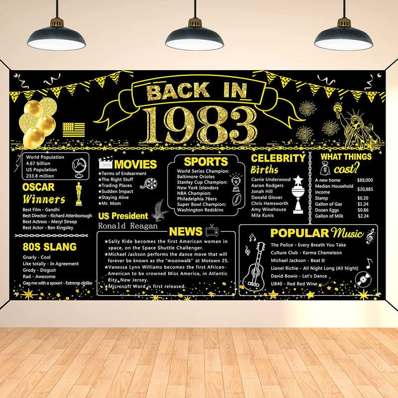 DARUNAXY 41St Birthday Black Gold Party Decoration, Back in 1982 Banner 41 Year Old Birthday Party Poster Supplies, Extra Large Fabric Vintage 1982 Backdrop Photography Background for Men and Women