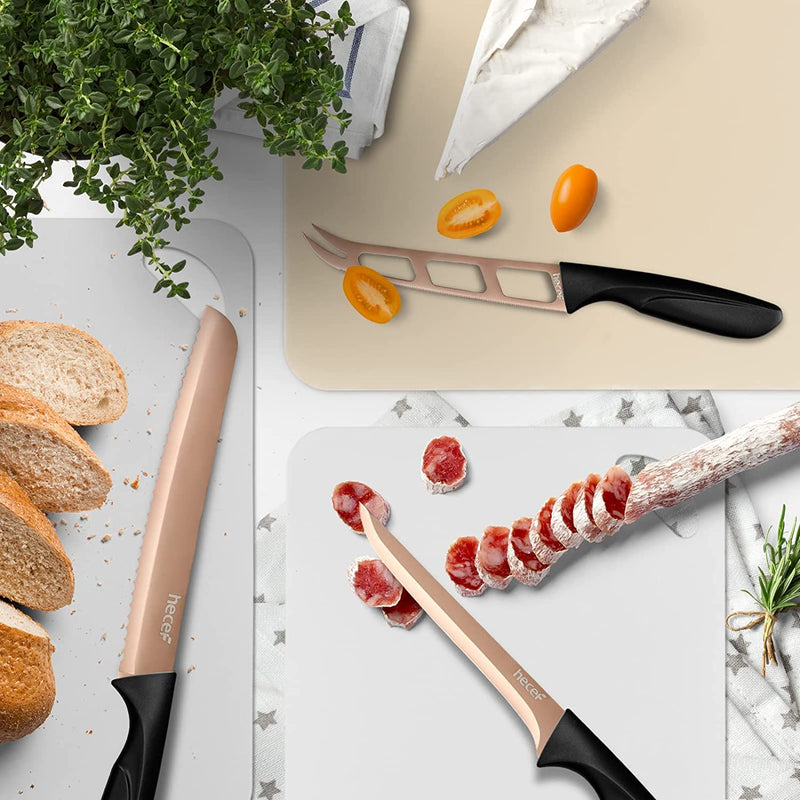 Hecef 25 PCS Rose Gold Titanium Plated Kitchen Knife Set with Block and Cutting Mats, Cutlery Knife Set with Sharp Serrated Steak Knives, Boning Knife, Scissors, Sharpener, Peeler and Acrylic Stand Home & Garden > Kitchen & Dining > Kitchen Tools & Utensils > Kitchen Knives hecef   