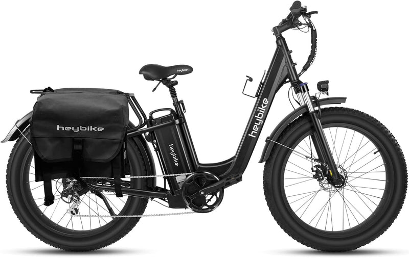 Heybike Explore Electric Bike for Adults 48V 20AH Removable Massive Battery, 750W Brushless Motor, 26" X 4.0 Fat Tire Step-Thru Ebike up to 28MPH, Shimano 7-Speed, UL Certified Sporting Goods > Outdoor Recreation > Cycling > Bicycles Jasion With Black Saddlebag  