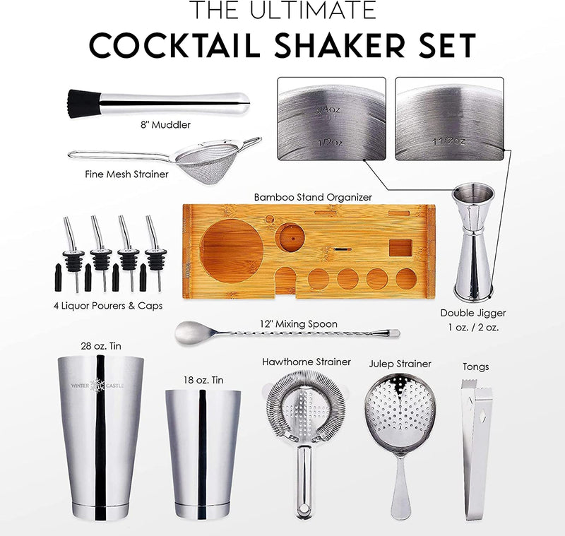 Cocktail Shaker Set 18 Piece, Mixology Equipment, All-In-One Cocktail Set, Drink Shaker, Strainers and Essential Bar Tools, Bar Set for Beginner & Professional Use, Silver - Wintercastle Enterprises Home & Garden > Kitchen & Dining > Barware WINTER CASTLE   