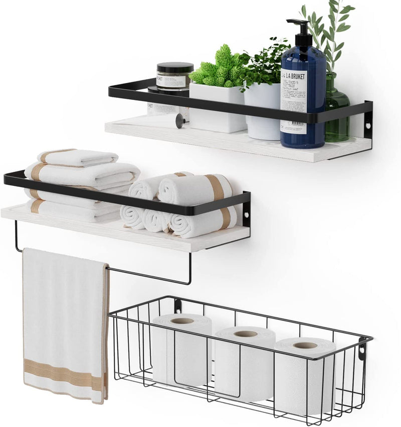 Floating Shelves with Toilet Paper Basket Set by RICHER HOUSE, Rustic Wall Shelves with Removable Towel Bar, Farmhouse Floating Bathroom Shelves for Kitchen and Bedroom - Rustic Brown Home & Garden > Household Supplies > Storage & Organization RICHER HOUSE White  