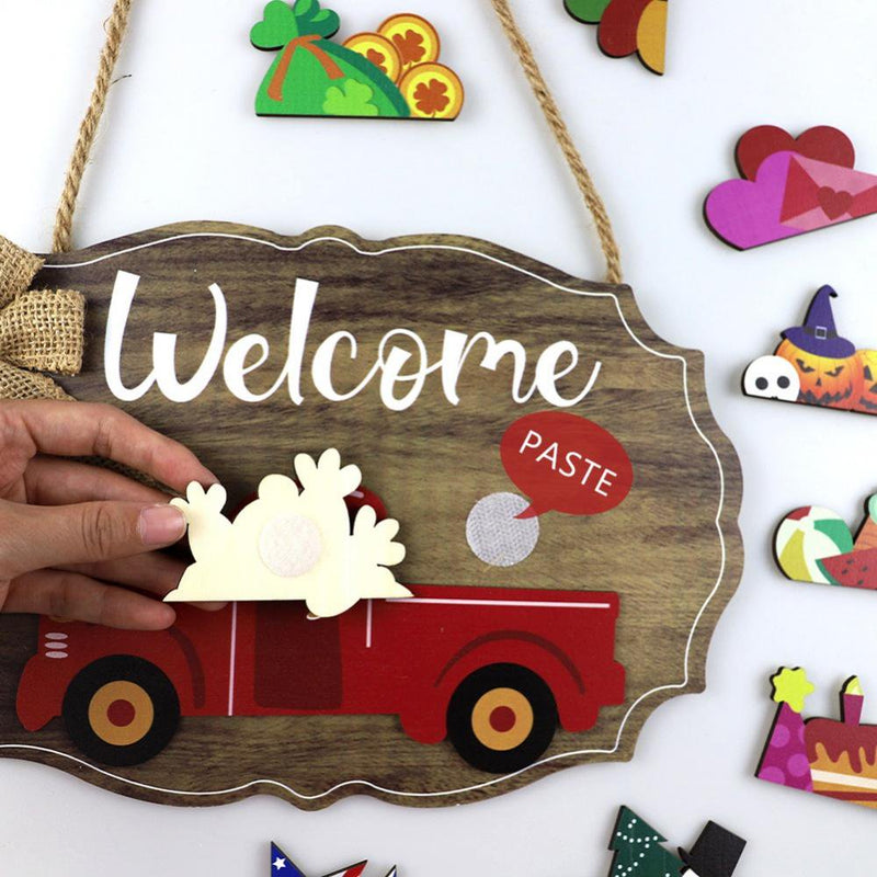 Interchangeable Seasonal Red Truck Welcome Sign for Front Porch Decor with 12 Holiday Icons Rustic Farmhouse Wooden Decor Home Wall Hanging Valentine'S Day Gift Home & Garden > Decor > Seasonal & Holiday Decorations Slopehill   