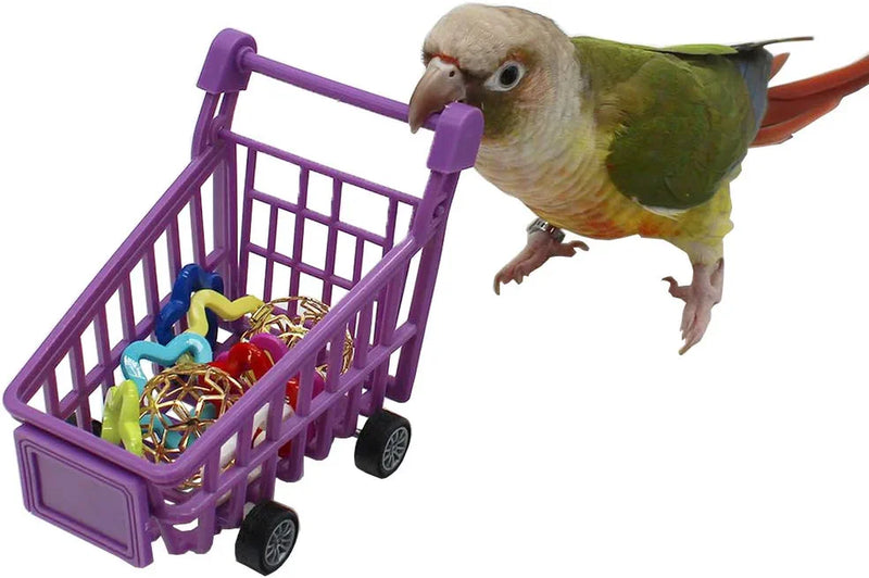 Bird Puzzle Training Toys Set，Parrots Tabletop Interactive Toys Pack，Parakeets Hobby Building Toys for Throwing Chewing Learning, Mini Pink Plastic Shopping Cart Toy with Balls for Cockatiel Conure