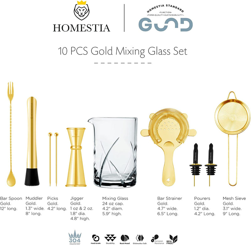 Homestia Cocktail Mixing Glass Set 10-PIECE Bar Crystal Glass Gold Whiskey Barware Tool Set: 24Oz Thick Bottom Glass, Muddler, Cocktail Strainer, Sieve, 1&2OZ Jigger, Barspoon, Liquor Pourers, Picks Home & Garden > Kitchen & Dining > Barware Homestia   
