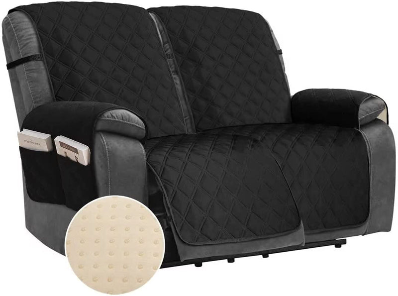 TOMORO Non Slip Loveseat Recliner Cover for Dogs - 100% Waterproof Quilted Sofa Slipcover Furniture Protector with 5 Storage Pockets, Washable Couch Cover with Elastic Straps for Kids and Pets Home & Garden > Decor > Chair & Sofa Cushions TOMORO Black 46"Recliner Loveseat 