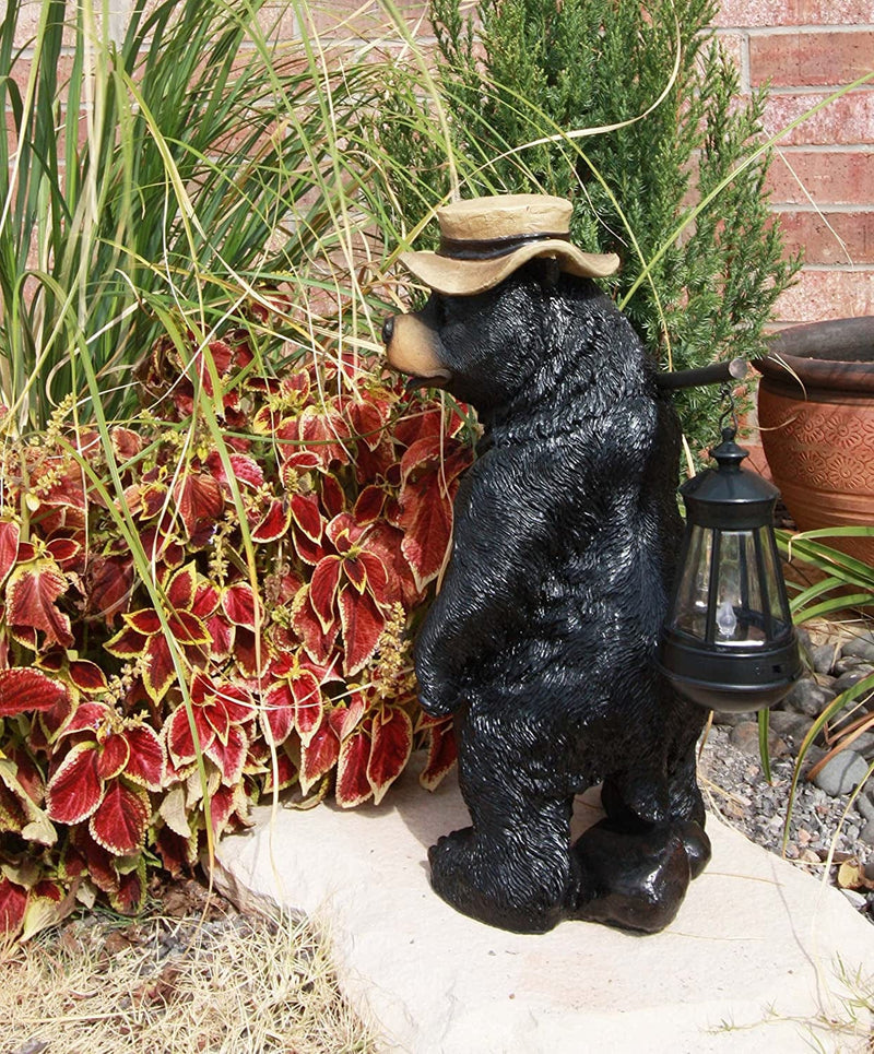 Ebros Whimsical Rustic Forest Outdoor Hiking Black Bear Statue with Solar LED Light Lantern Lamp Guest Greeter Home Decor Collectible Sculpture for Cabin Lodge Nature Lovers Camping Bears (1 Piece)