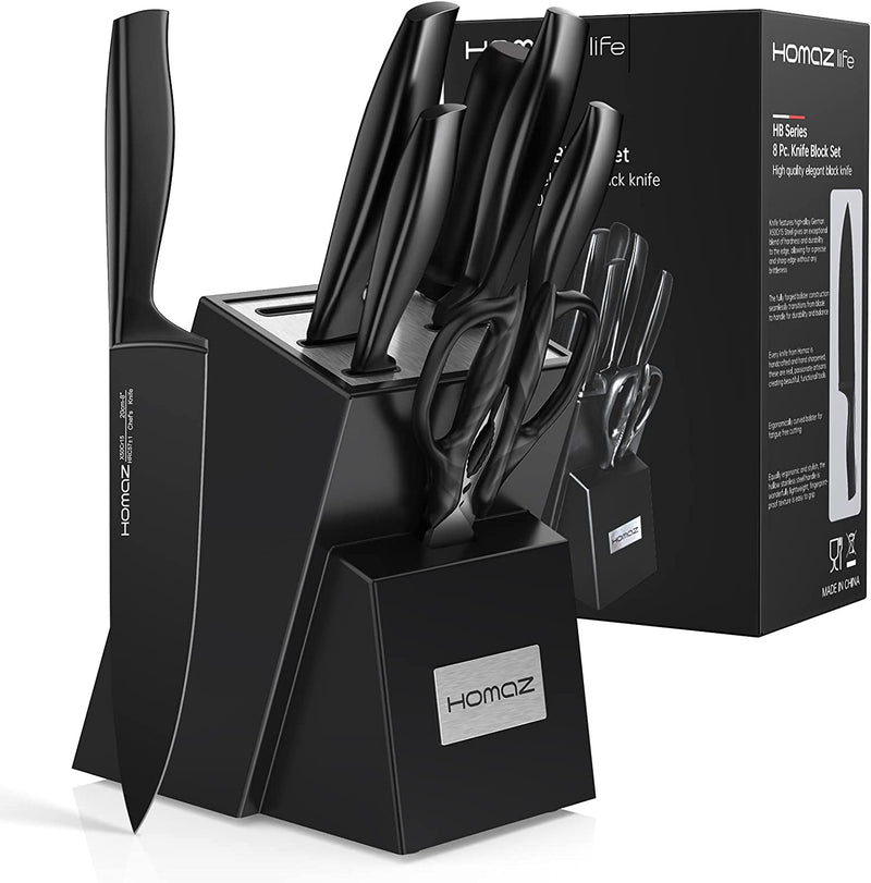 Homaz Knife Set with Block, 8 Pcs Kitchen Knife Set with High Carbon Stainless Steel, Chef Knife Set with Sharpener, Elegant Black
