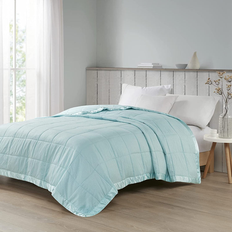Madison Park Cambria down Alternative Blanket, Premium 3M Scotchgard Stain Release Treatment All Season Lightweight and Soft Cover for Bed with Satin Trim, Oversized Full/Queen, Aqua