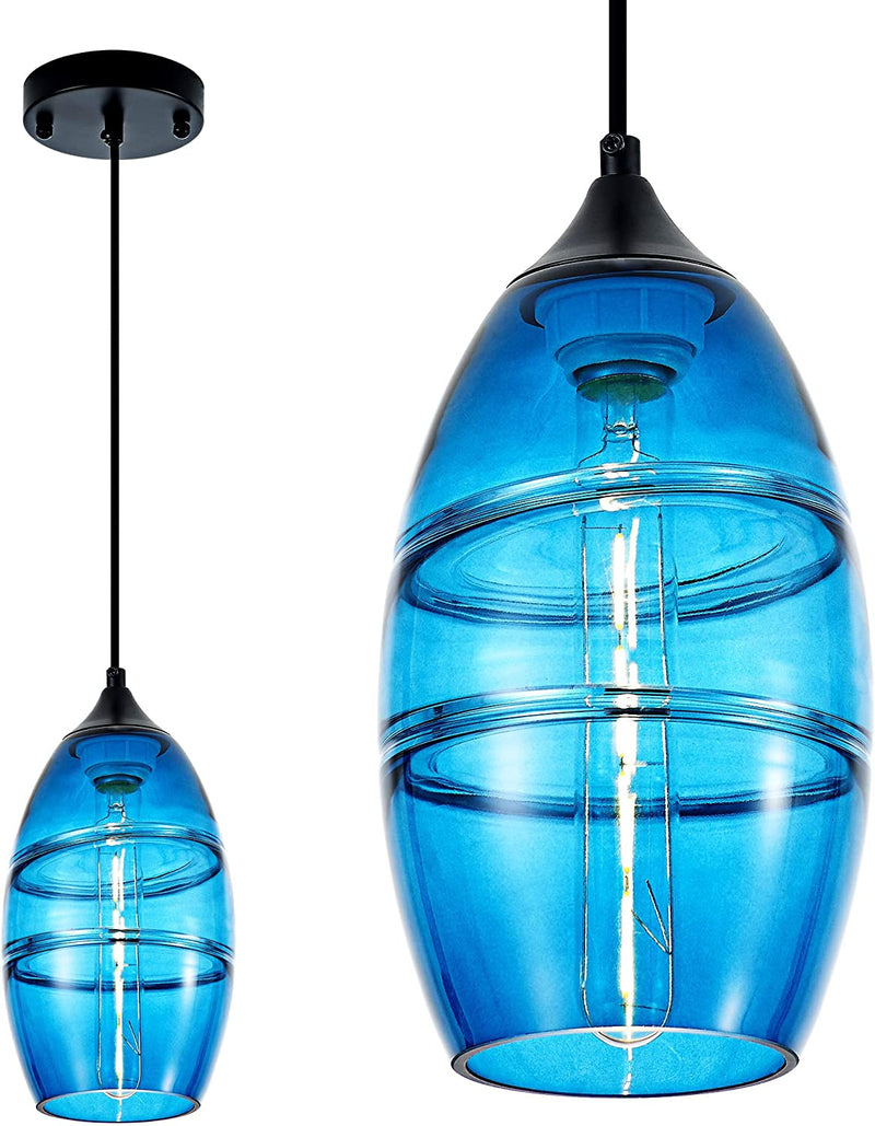 Modern Blue Glass Pendant Light,1-Light Mini Glass Oval Shade Pendant Lighting Fixture for Kitchen Island, Sink, Counter, Bar, Dining Room, Matte Black Finish