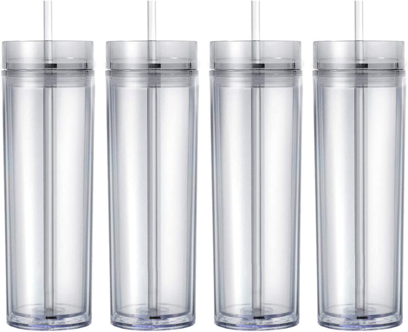 Maars Drinkware Double Wall Insulated Skinny Acrylic Tumblers with Straw and Lid, 16 Oz. (4 Pack, Clear) Home & Garden > Kitchen & Dining > Tableware > Drinkware Maars Drinkware Clear 4 Count (Pack of 1) 