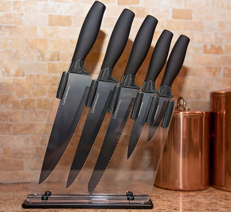 Luxhomewares 6 Piece Knife Set | 5 Beautiful Black Titanium Knives with Block Sharp Kitchen Sets Multiple Size, All Purpose 8 Inch Chef, Bread, & Carving Utility Paring Home & Garden > Kitchen & Dining > Kitchen Tools & Utensils > Kitchen Knives Luxhomewares   