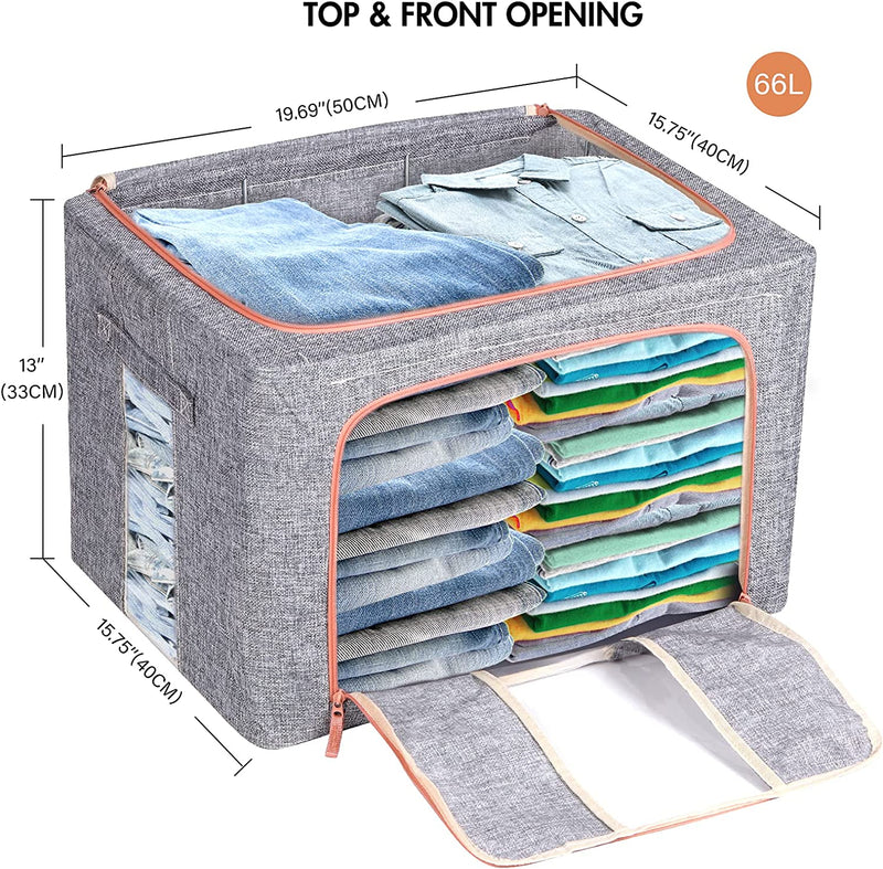 Tasmegol 2 Pack 66L Foldable Clothes Storage Bins Box Stackable Metal Frame Closet Organizer with Clear Windows Linen Fabric Containers Bags for Beddings/Quilt Home & Garden > Household Supplies > Storage & Organization zkkhsm   
