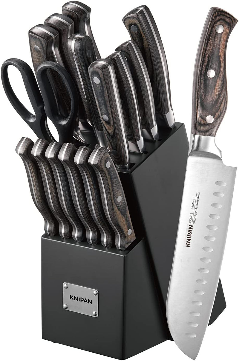 Knipan Kitchen Knife Sets with Block, 16PCS Professional Stainless Steel Forged Chef Knife Block Set, Ultra Sharp Knives with Wood Handle, Brown Home & Garden > Kitchen & Dining > Kitchen Tools & Utensils > Kitchen Knives Knipan Black  