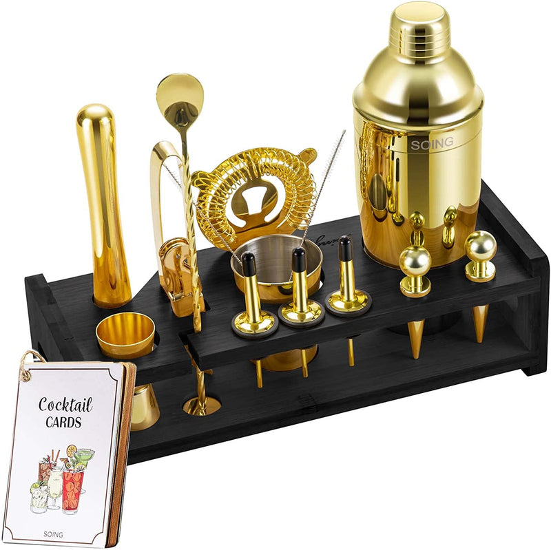 SOING 24-Piece Bartender Kit with Stand,Perfect Mixology Bar Kit Cocktail Shaker Set for Drink Mixing,Stainless Steel Bar Tools with All Needed Accessories,Recipes Home & Garden > Kitchen & Dining > Barware SOING Gold+black Stand  
