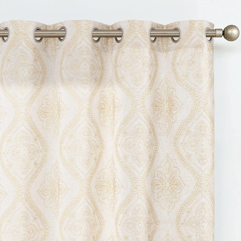 Linen Textured Curtains for Living Room Embroidered Design Window Curtains Light Filtering Flax Linen Look Window Treatment Set for Bedroom Grommet Top 2 Panels 96 Inch Length Gold Home & Garden > Decor > Window Treatments > Curtains & Drapes jinchan Linen Gold 84"L 