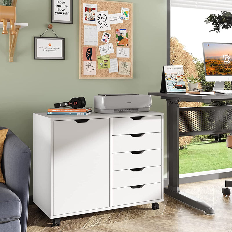 DEVAISE 5-Drawer Wood Dresser Chest with Door, Mobile Storage Cabinet, Printer Stand for Home Office Home & Garden > Household Supplies > Storage & Organization DEVAISE   