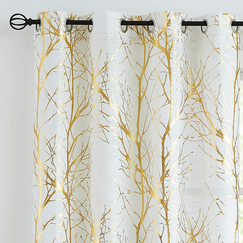 FMFUNCTEX Branch White Curtains 84” for Living Room Grey and Auqa Bluetree Branches Print Curtain Set Wrinkle Free Thick Linen Textured Semi-Sheer Window Drapes for Bedroom Grommet Top, 2 Panels Home & Garden > Decor > Window Treatments > Curtains & Drapes FMFUNCTEX Semi-sheer: White + Foil Gold 50" x 54" 